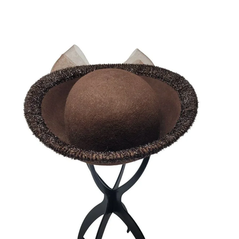 Vintage Unique Rare Wool Church Hat Bumper Halo Brown Netted Bow Chocolate‎